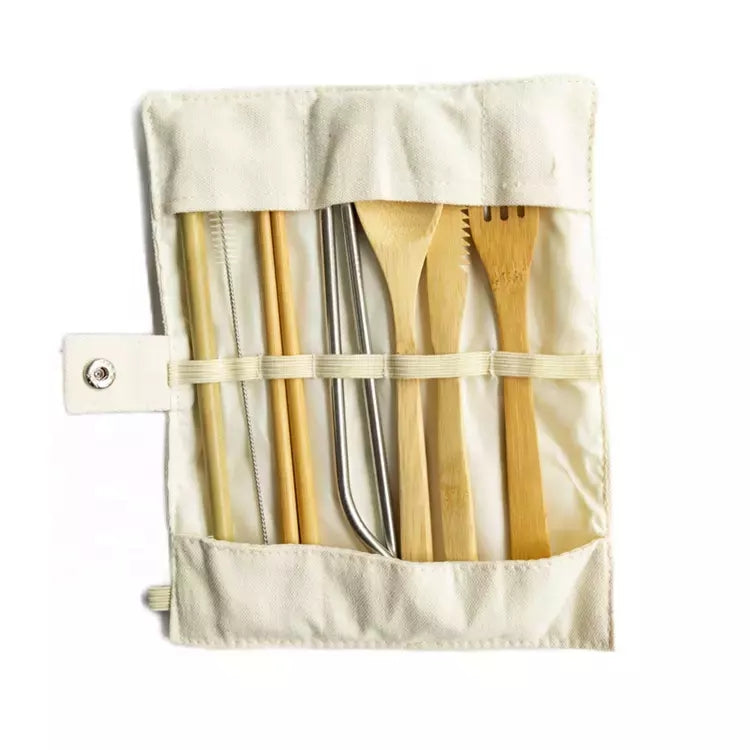 Arkaru Wholesale Portable Outdoor Tableware Straw Utensils Eco Friendly Bamboo Travel Cutlery Set